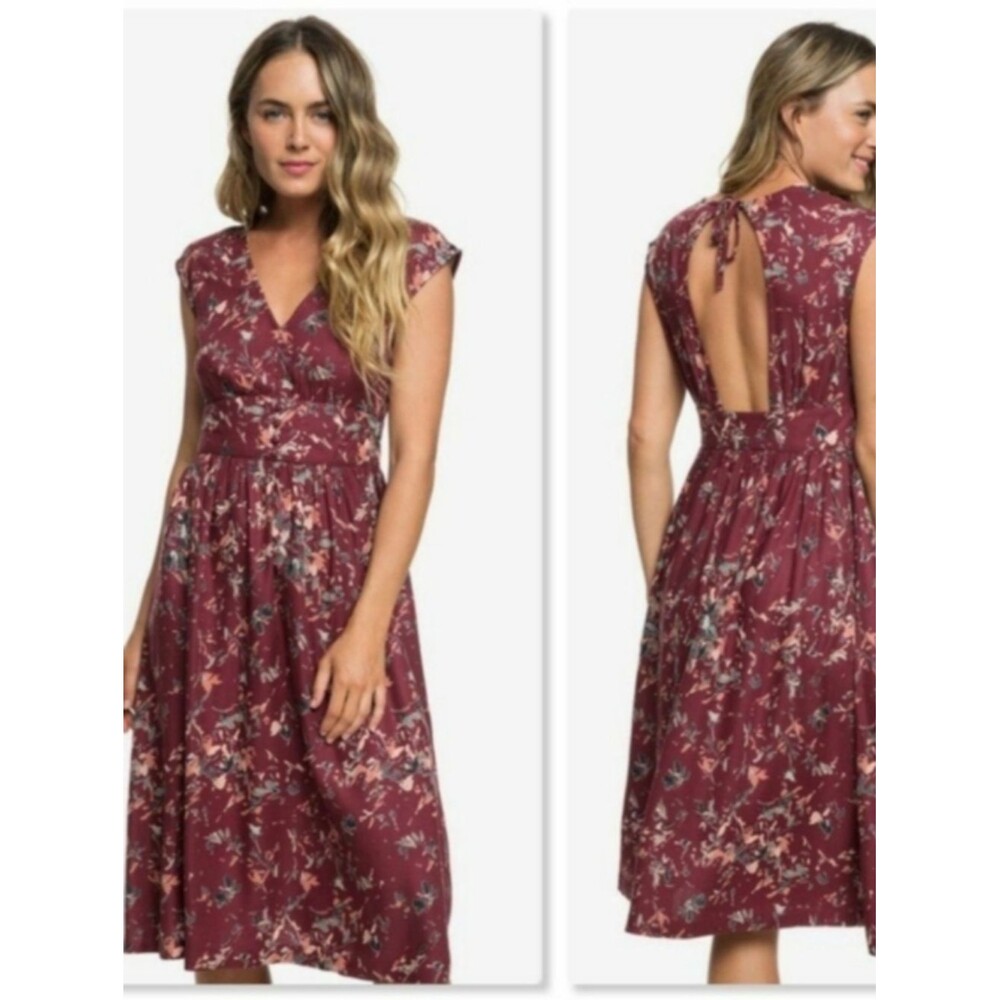 Roxy Retro Poetic Romantic Floral V-Neck Midi Dress Burgundy Maroon - Size M